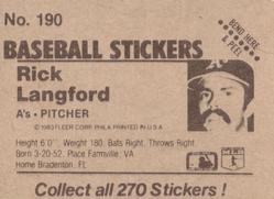 1983 Fleer Star Stickers #190 Rick Langford Back