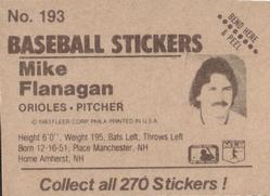 1983 Fleer Star Stickers #193 Mike Flanagan Back