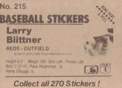 1983 Fleer Star Stickers #215 Larry Biittner Back