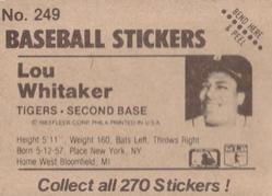 1983 Fleer Star Stickers #249 Lou Whitaker Back