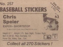 1983 Fleer Star Stickers #257 Chris Speier Back