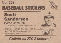 1983 Fleer Star Stickers #259 Scott Sanderson Back