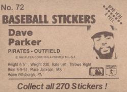 1983 Fleer Star Stickers #72 Dave Parker Back