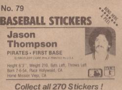1983 Fleer Star Stickers #79 Jason Thompson Back