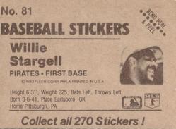 1983 Fleer Star Stickers #81 Willie Stargell Back