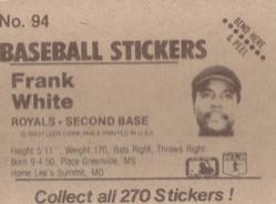 1983 Fleer Star Stickers #94 Frank White Back