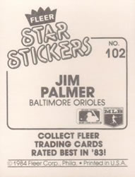 1984 Fleer Star Stickers #102 Jim Palmer Back