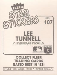 1984 Fleer Star Stickers #107 Lee Tunnell Back