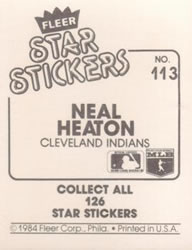 1984 Fleer Star Stickers #113 Neal Heaton Back