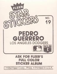 1984 Fleer Star Stickers #19 Pedro Guerrero Back