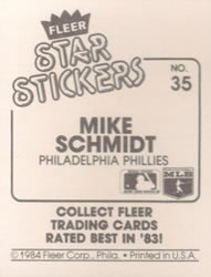 1984 Fleer Star Stickers #35 Mike Schmidt Back