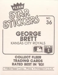 1984 Fleer Star Stickers #36 George Brett Back
