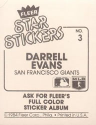 1984 Fleer Star Stickers #3 Darrell Evans Back