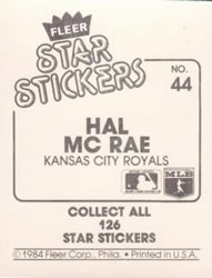 1984 Fleer Star Stickers #44 Hal McRae Back