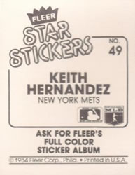 1984 Fleer Star Stickers #49 Keith Hernandez Back