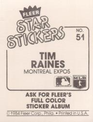 1984 Fleer Star Stickers #51 Tim Raines Back