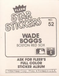 1984 Fleer Star Stickers #52 Wade Boggs Back