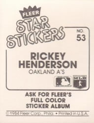 1984 Fleer Star Stickers #53 Rickey Henderson Back