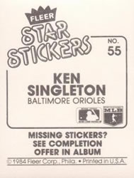 1984 Fleer Star Stickers #55 Ken Singleton Back