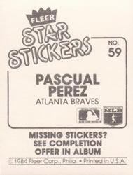 1984 Fleer Star Stickers #59 Pascual Perez Back