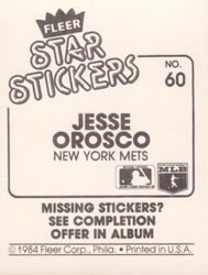 1984 Fleer Star Stickers #60 Jesse Orosco Back