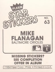 1984 Fleer Star Stickers #63 Mike Flanagan Back