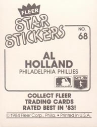 1984 Fleer Star Stickers #68 Al Holland Back