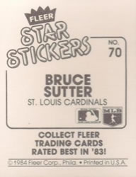 1984 Fleer Star Stickers #70 Bruce Sutter Back
