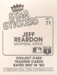 1984 Fleer Star Stickers #71 Jeff Reardon Back