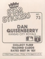1984 Fleer Star Stickers #73 Dan Quisenberry Back