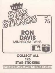 1984 Fleer Star Stickers #75 Ron Davis Back