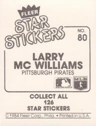 1984 Fleer Star Stickers #80 Larry McWilliams Back