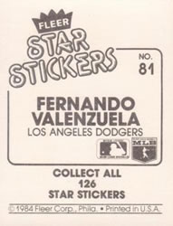 1984 Fleer Star Stickers #81 Fernando Valenzuela Back