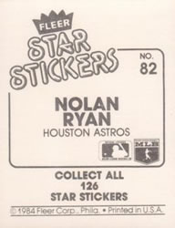 1984 Fleer Star Stickers #82 Nolan Ryan Back