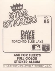 1984 Fleer Star Stickers #85 Dave Stieb Back
