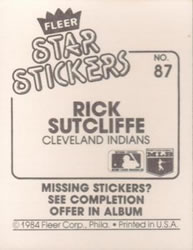 1984 Fleer Star Stickers #87 Rick Sutcliffe Back