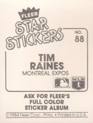 1984 Fleer Star Stickers #88 Tim Raines Back