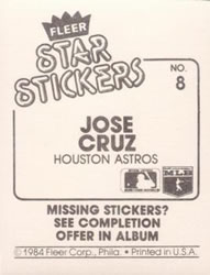 1984 Fleer Star Stickers #8 Jose Cruz Back