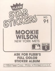1984 Fleer Star Stickers #91 Mookie Wilson Back