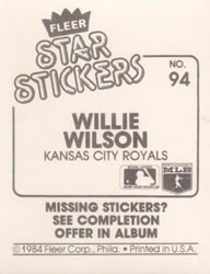 1984 Fleer Star Stickers #94 Willie Wilson Back