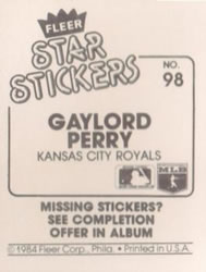1984 Fleer Star Stickers #98 Gaylord Perry Back