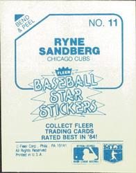1985 Fleer Star Stickers #11 Ryne Sandberg Back