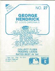 1985 Fleer Star Stickers #27 George Hendrick Back