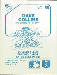 1985 Fleer Star Stickers #55 Dave Collins Back