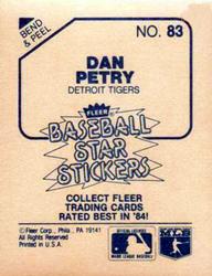 1985 Fleer Star Stickers #83 Dan Petry Back