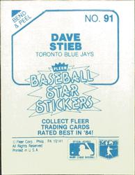 1985 Fleer Star Stickers #91 Dave Stieb Back