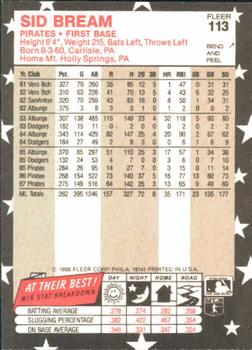 1988 Fleer Star Stickers #113 Sid Bream Back