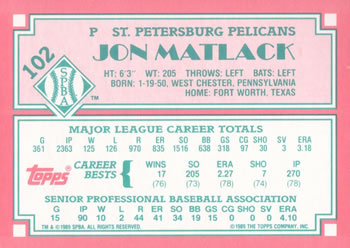1989 Topps Senior League #102 Jon Matlack Back