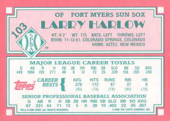 1989 Topps Senior League #103 Larry Harlow Back