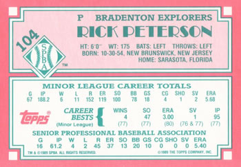 1989 Topps Senior League #104 Rick Peterson Back